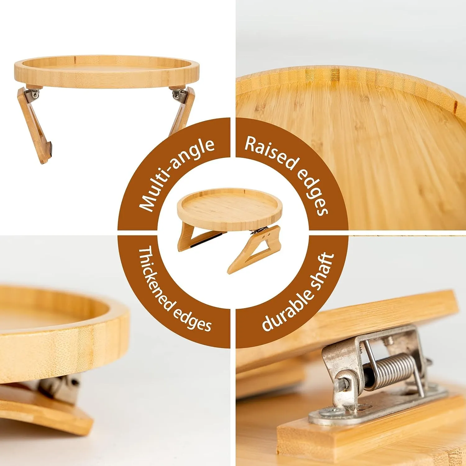 Bamboo Sofa Armrest Clip-On Tray | Ideal for Remote/Drinks/Phone (Round Shape)