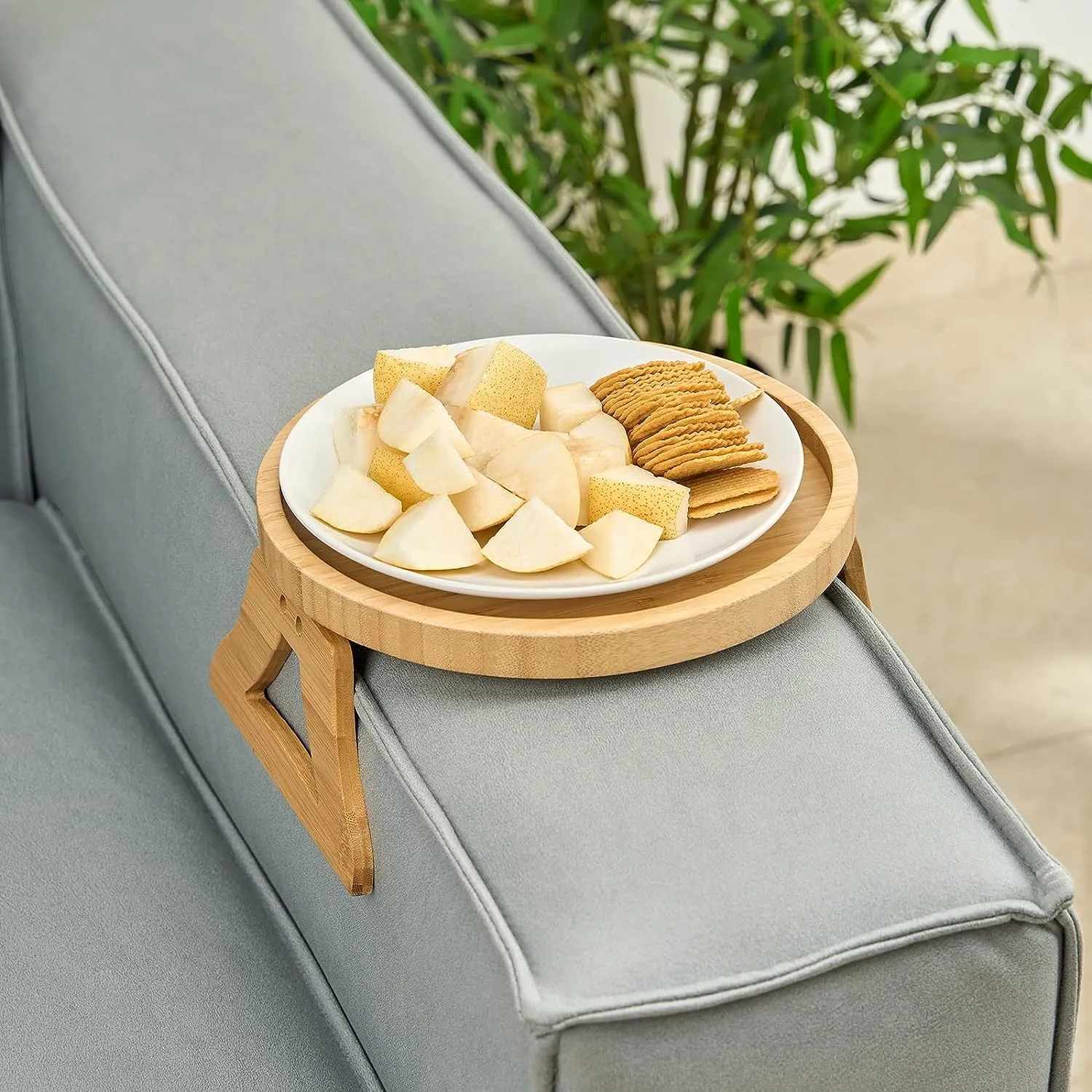 Bamboo Sofa Armrest Clip-On Tray | Ideal for Remote/Drinks/Phone (Round Shape)