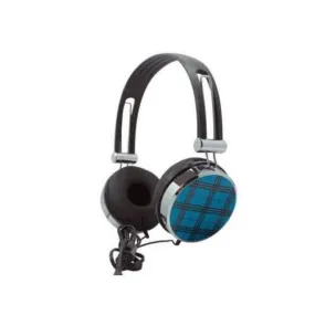 Blue Plaid Stereo Headphones with In-Line Microphone ( Case of 4 )