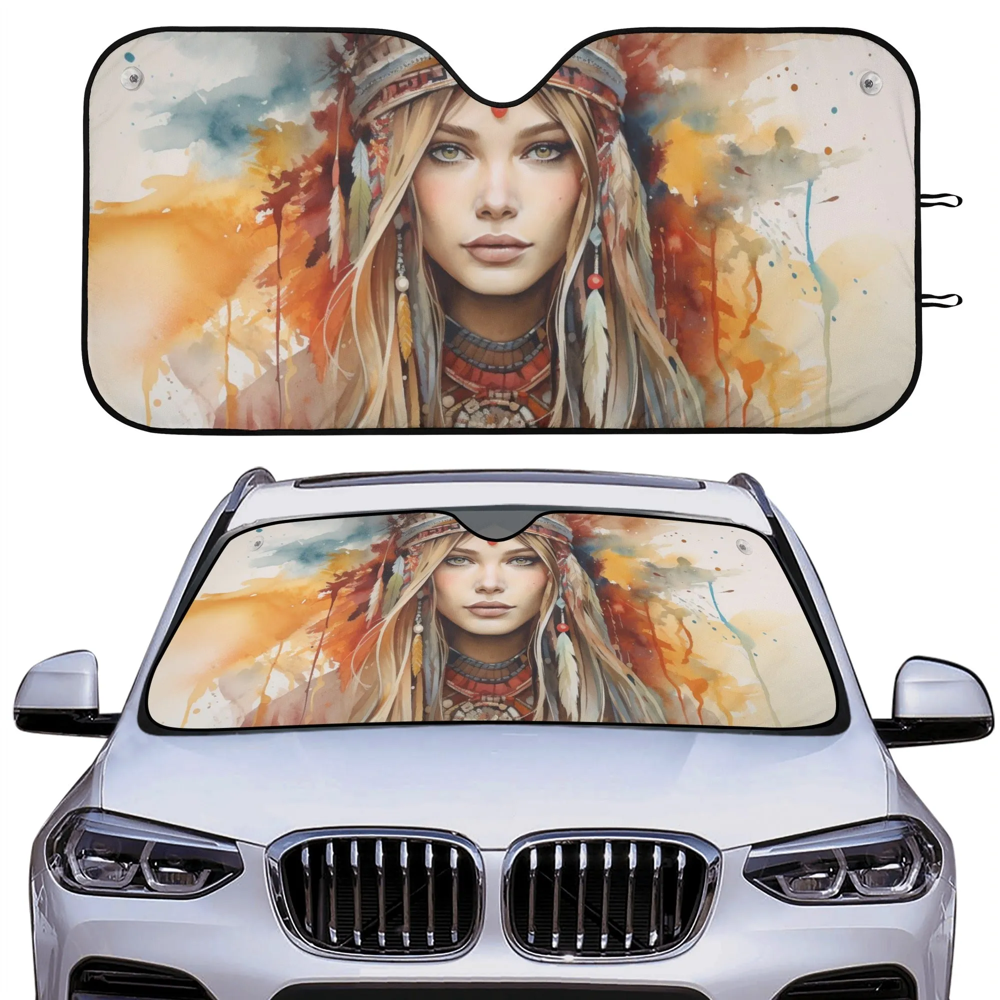 Boho Woman Car Sun Shade, Bohemian Front Windshield Coverings Blocker Auto Protector Window Visor Screen Cover Shield Men Ladies SUV Truck