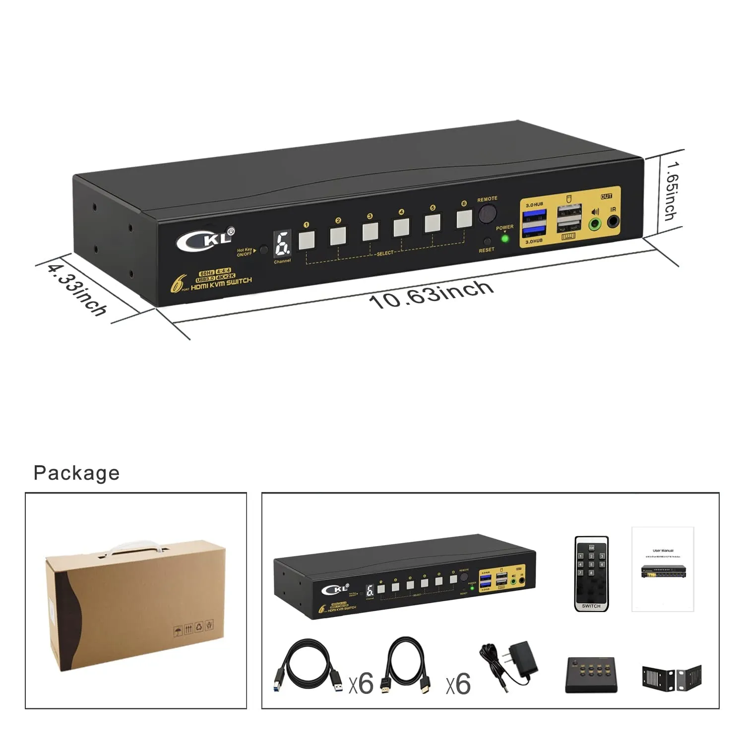 CKL 6 Port Rack Mount USB 3.0 KVM Switch HDMI 2.0 4K@60Hz with Audio and Cables