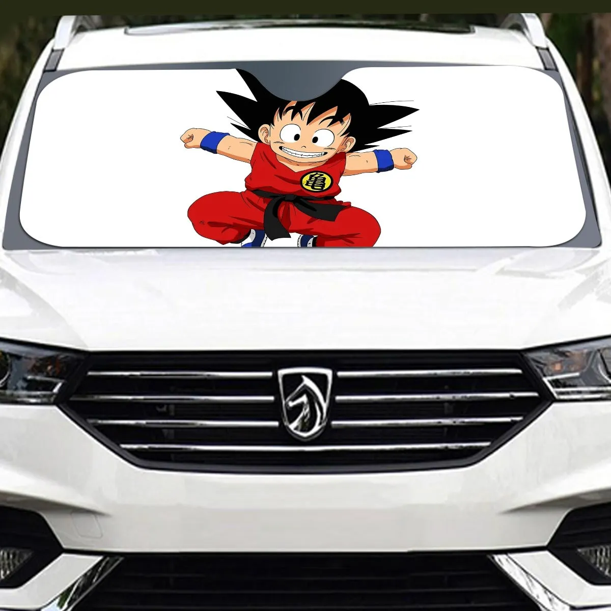 DBZ Jumping Kid Goku In His Training Suit Windshield Sunshade