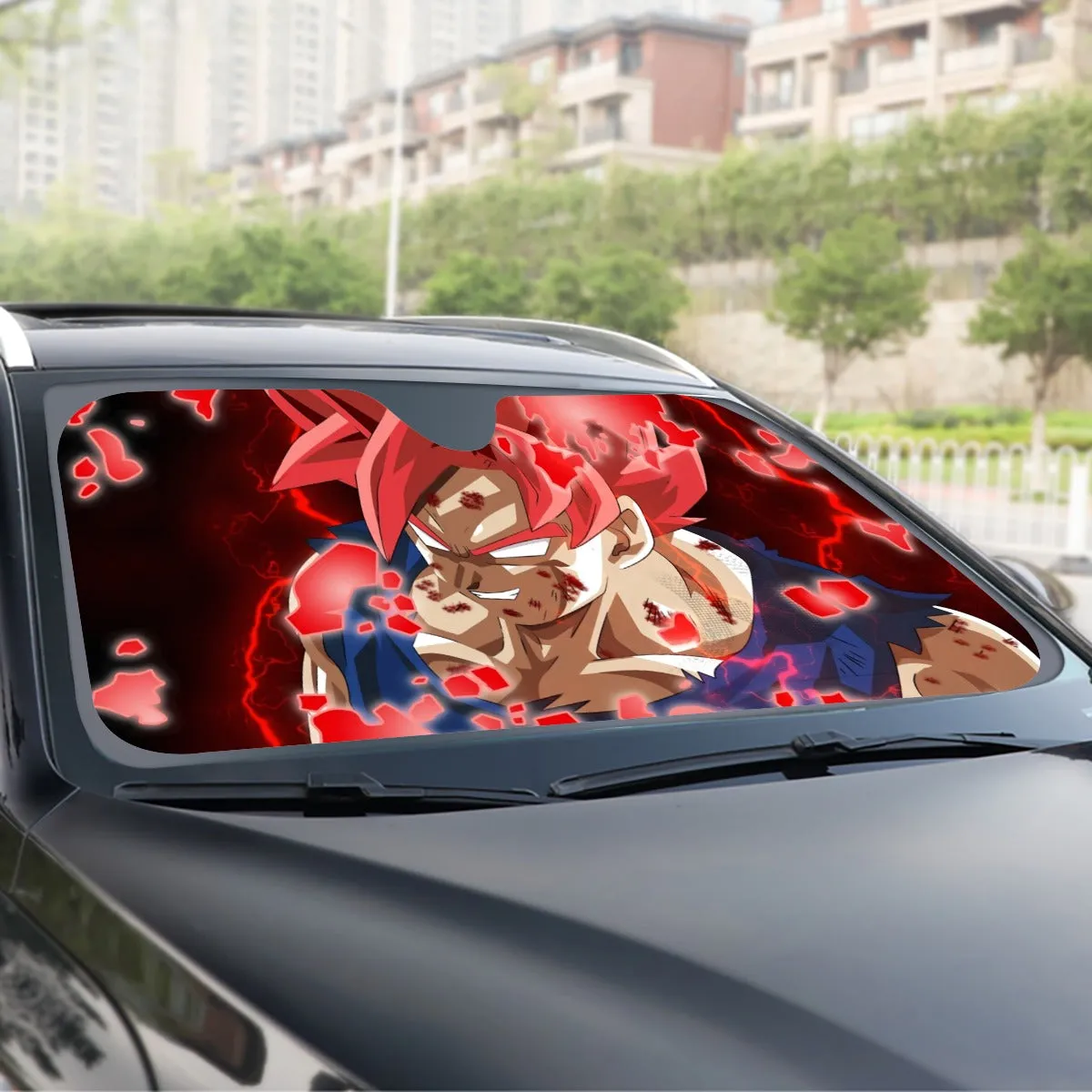 DBZ Son Goku Super Saiyan Red Hair God Dope Style Windshield Sunshade