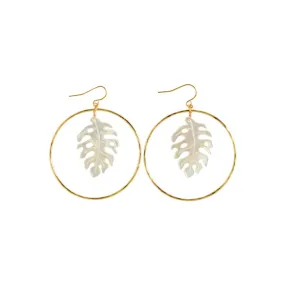 Gold Hammer Hoop Earrings, Mother of Pearl White Monstera