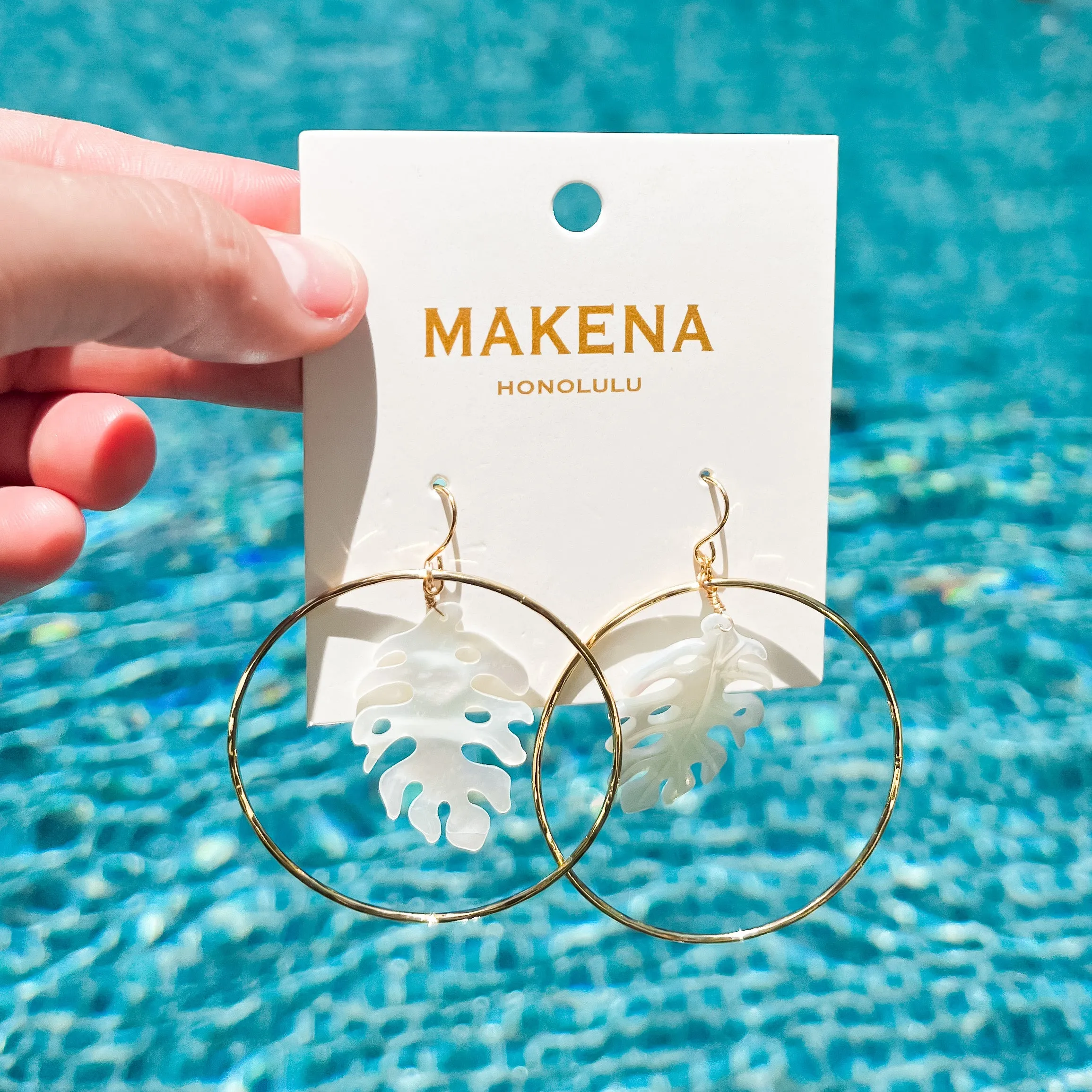 Gold Hammer Hoop Earrings, Mother of Pearl White Monstera