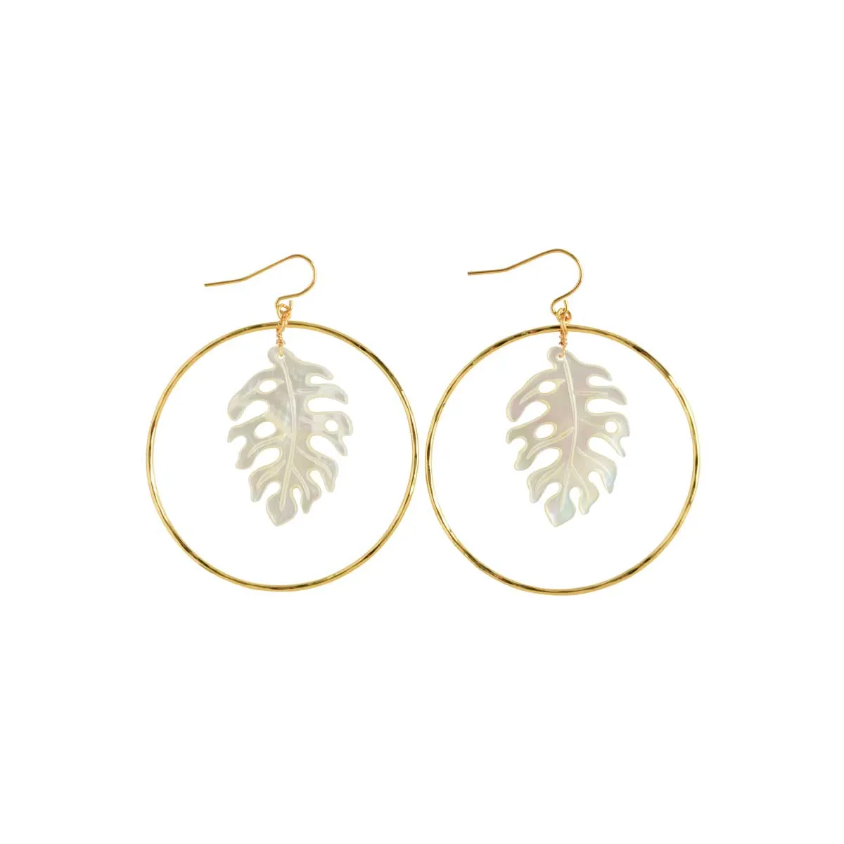 Gold Hammer Hoop Earrings, Mother of Pearl White Monstera