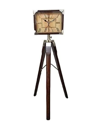 j h Handicraft Clock with Tripod Stand Corner Brown Finish Home Decorative Table with Adjustable Tripod Stand Quality Floor Standing Clock for Home Living Room Office etc