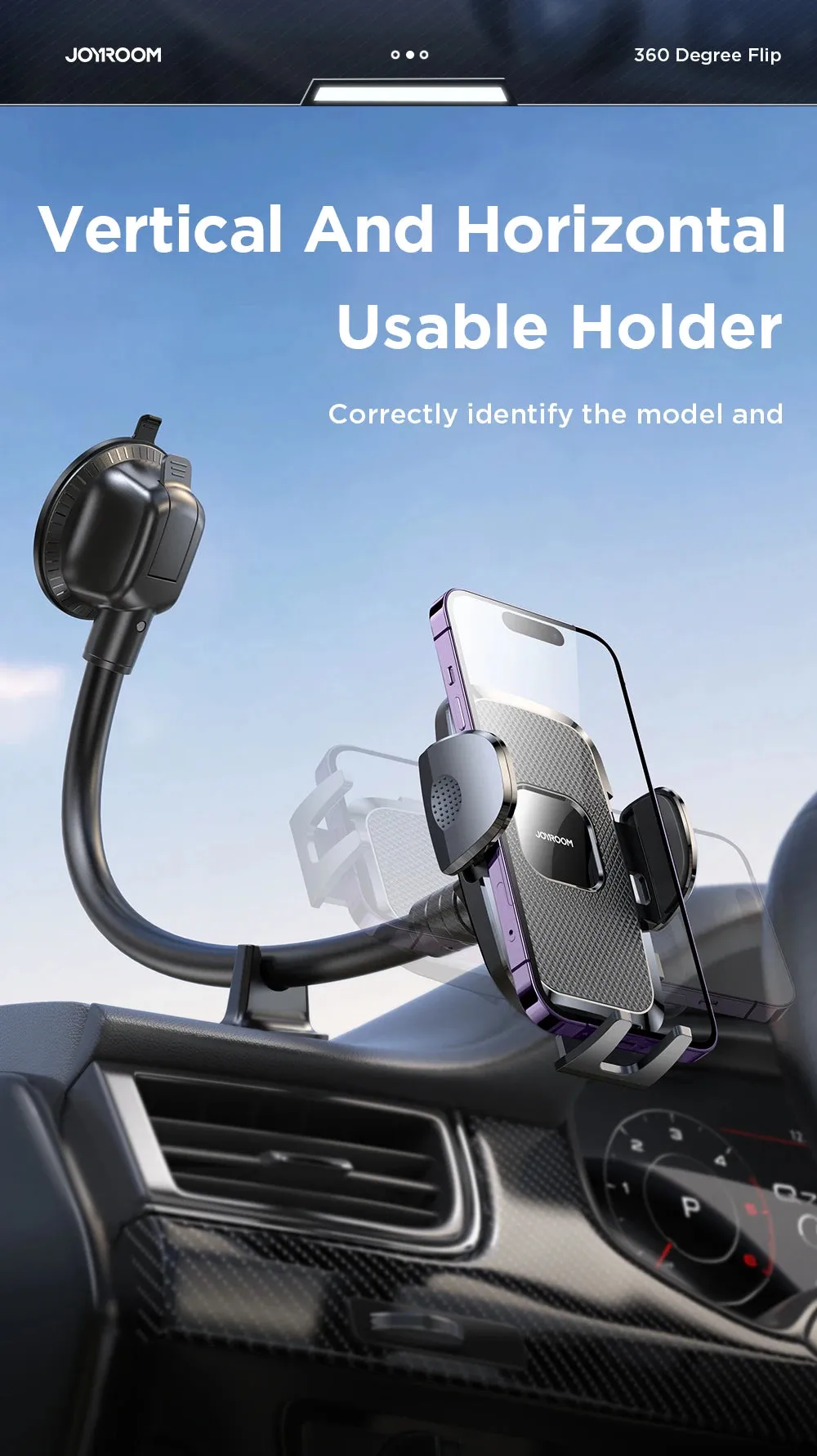 Joyroom Dashboard Phone Holder for Car 360° Widest View 9in Flexible Long Arm Universal Handsfree Auto Windshield Air Vent Moun