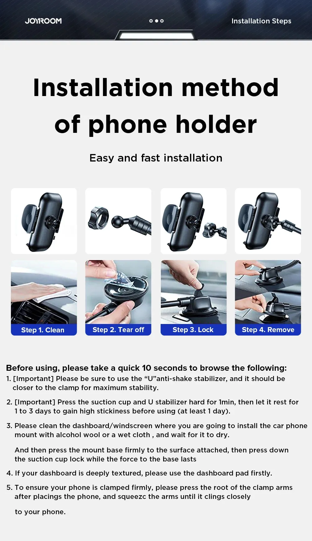 Joyroom Dashboard Phone Holder for Car 360° Widest View 9in Flexible Long Arm Universal Handsfree Auto Windshield Air Vent Moun