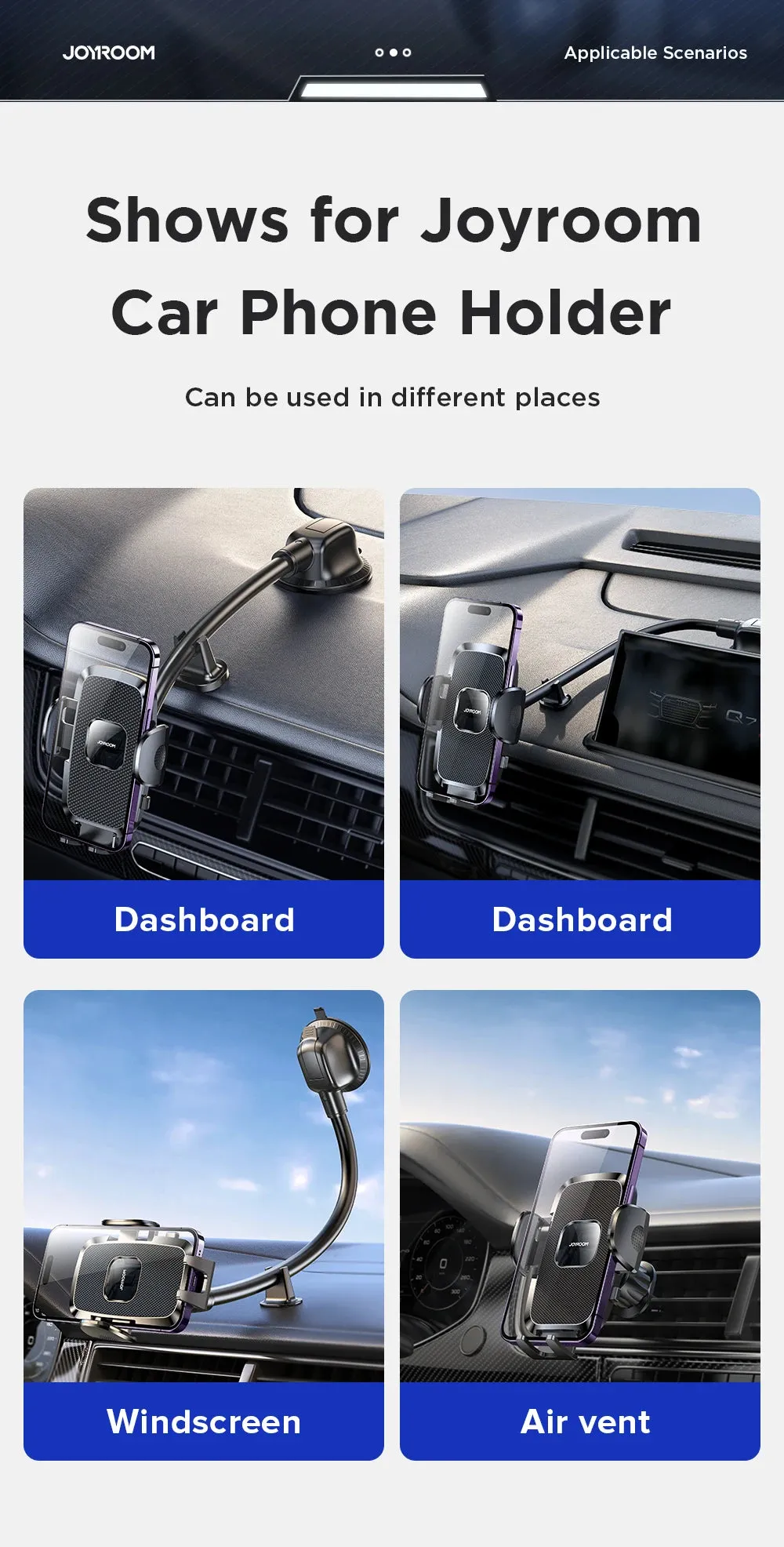 Joyroom Dashboard Phone Holder for Car 360° Widest View 9in Flexible Long Arm Universal Handsfree Auto Windshield Air Vent Moun