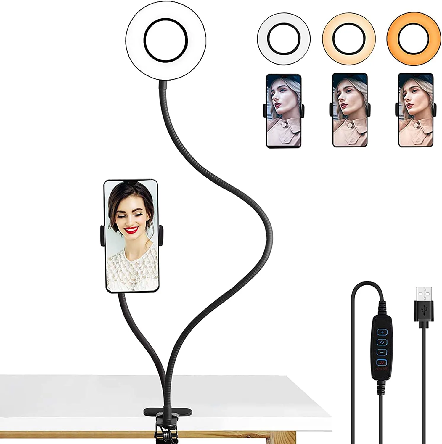 LEDGLE 5W Led ring light, selfie light with mobile phone holder, ring light with 1600K, 3000K, 6000K and stepless dimming for live stream, YouTube, live makeup, Facebook, Samsung, tablet, laptop