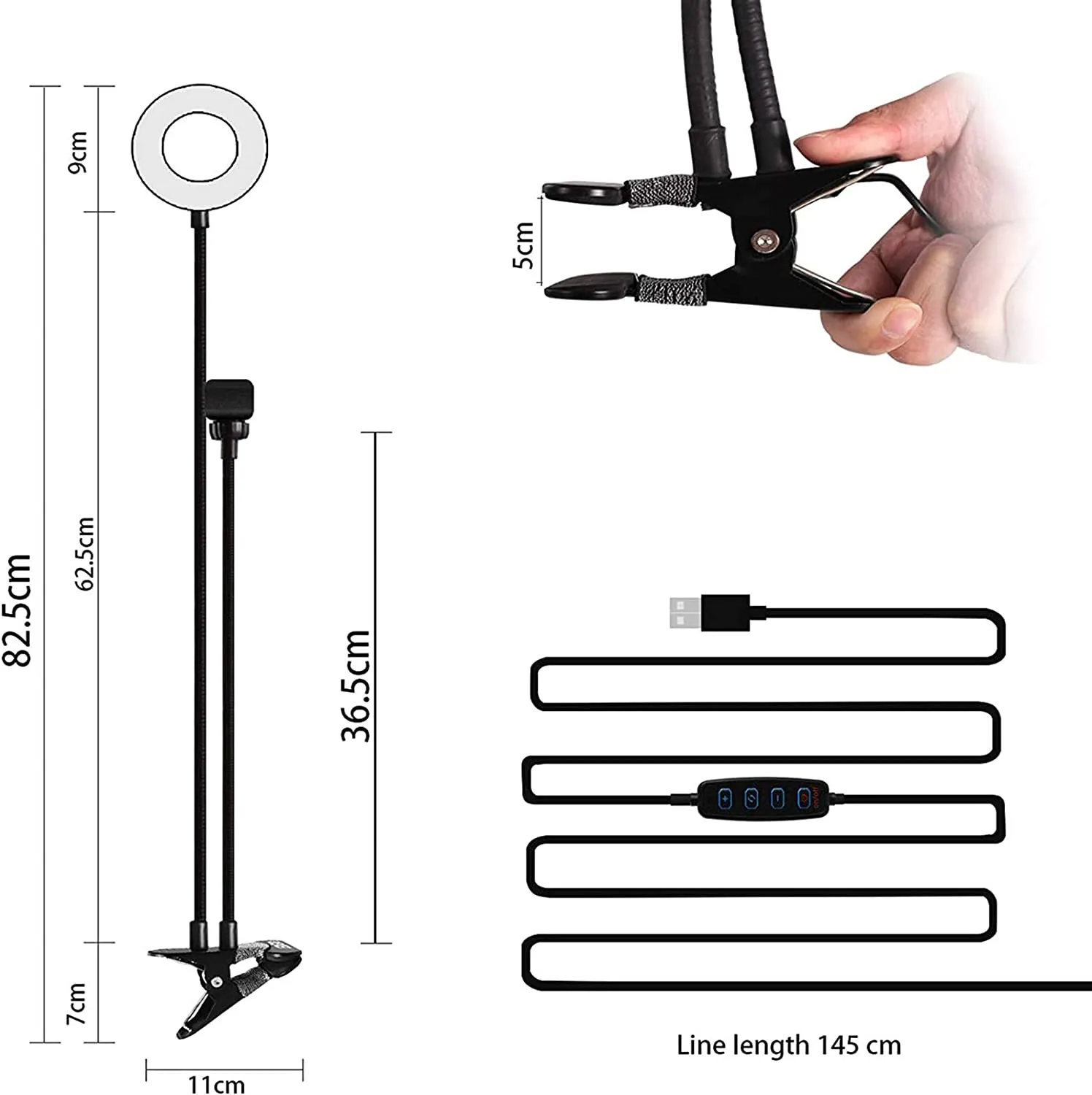 LEDGLE 5W Led ring light, selfie light with mobile phone holder, ring light with 1600K, 3000K, 6000K and stepless dimming for live stream, YouTube, live makeup, Facebook, Samsung, tablet, laptop