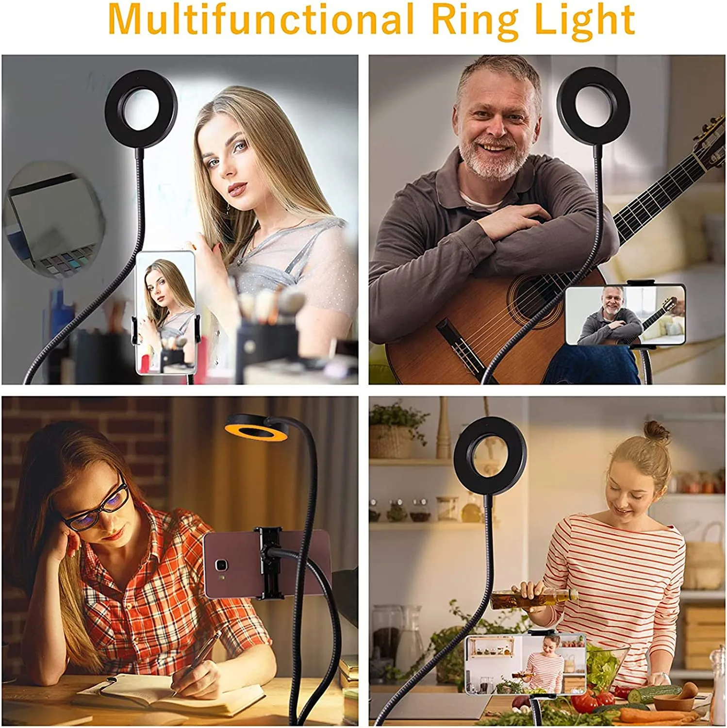 LEDGLE 5W Led ring light, selfie light with mobile phone holder, ring light with 1600K, 3000K, 6000K and stepless dimming for live stream, YouTube, live makeup, Facebook, Samsung, tablet, laptop