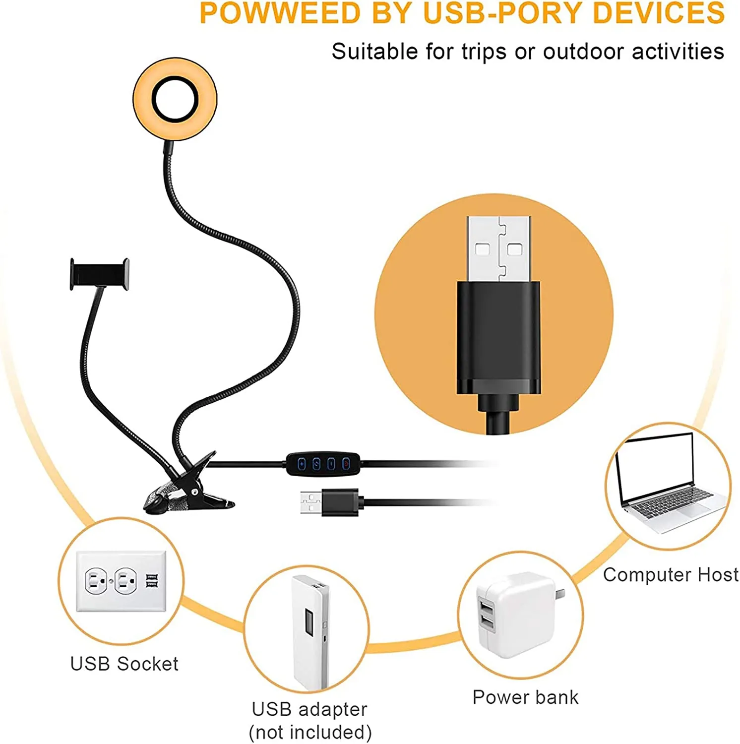 LEDGLE 5W Led ring light, selfie light with mobile phone holder, ring light with 1600K, 3000K, 6000K and stepless dimming for live stream, YouTube, live makeup, Facebook, Samsung, tablet, laptop