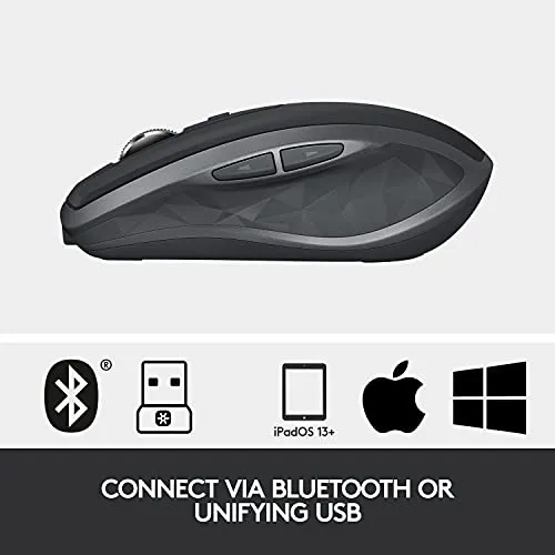 Logitech MX Anywhere 2S Wireless Mouse Use On Any Surface, Hyper-Fast Scrolling, Rechargeable, Control Up to 3 Apple Mac and Windows Computers and Laptops (Bluetooth or USB), Graphite