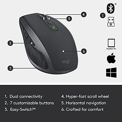 Logitech MX Anywhere 2S Wireless Mouse Use On Any Surface, Hyper-Fast Scrolling, Rechargeable, Control Up to 3 Apple Mac and Windows Computers and Laptops (Bluetooth or USB), Graphite