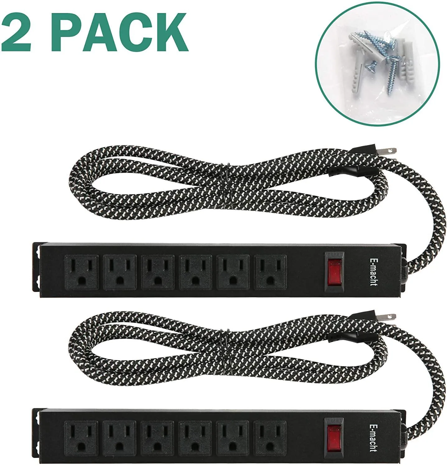 Long Power Strip Surge Protector, 6 Outlets Metal Outlet, Wall Mountable, 6 ft Long Extension Cord, 2 Pack