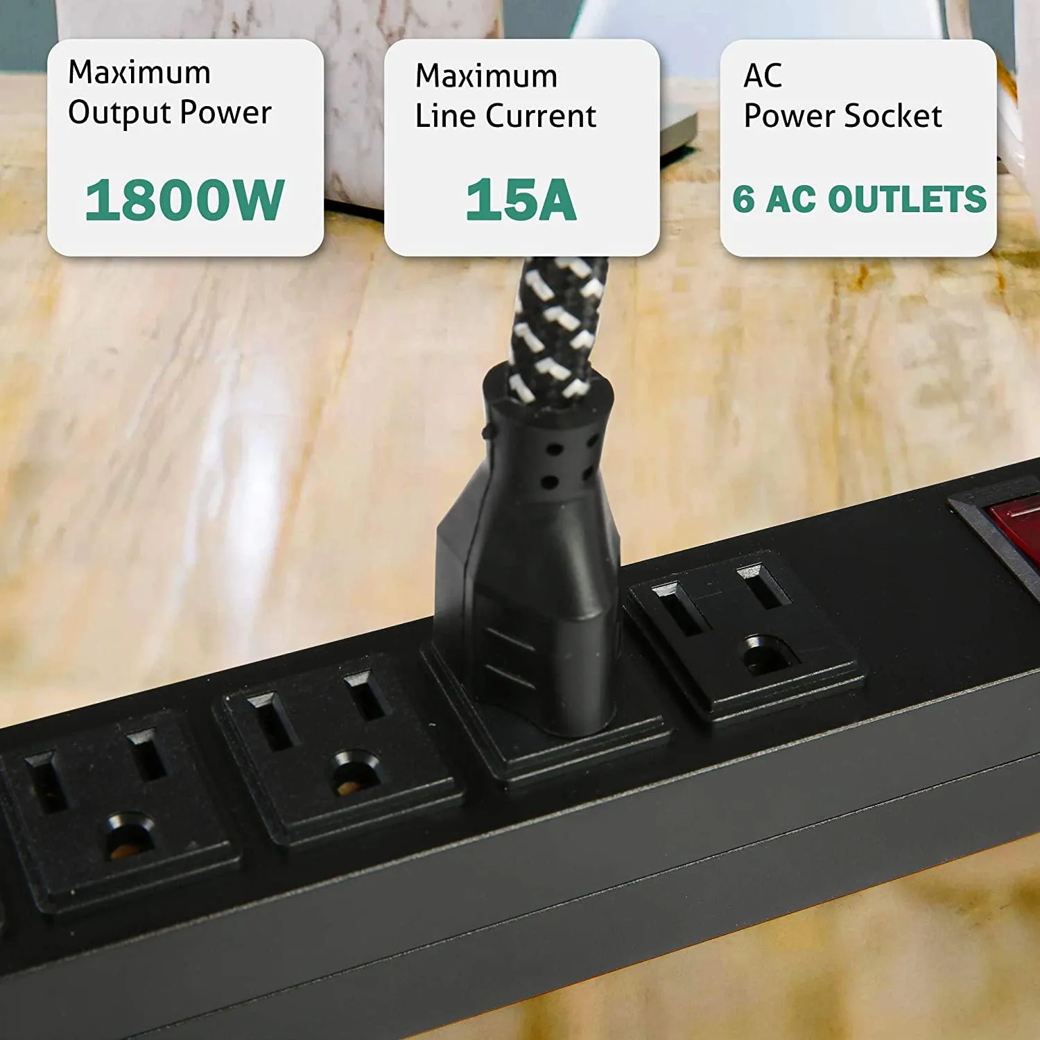 Long Power Strip Surge Protector, 6 Outlets Metal Outlet, Wall Mountable, 6 ft Long Extension Cord, 2 Pack