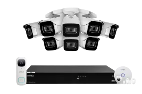 Lorex Fusion 4K (16 Camera Capable) 4TB Wired NVR System with 8 White IP Bullet Cameras, One 2K Wired Video Doorbell and One Sensor Kit