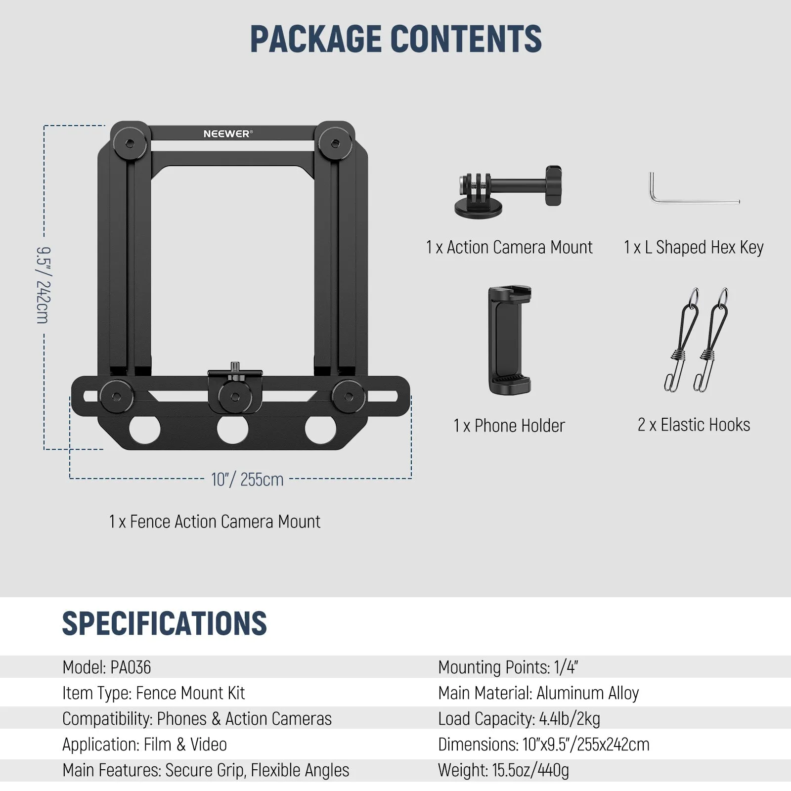 NEEWER PA036 Camera Fence Mount with Phone Holder & Action Camera Adapter