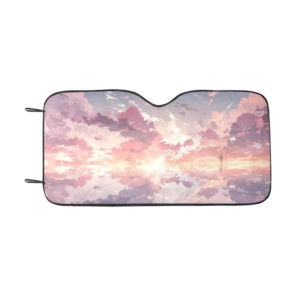 Pink Anime Sky Car Sun Shade, Sun Sunset Sunrise Universal Windshield Car Accessories Auto Protector Window Visor Screen Decor 55" x 29.53"