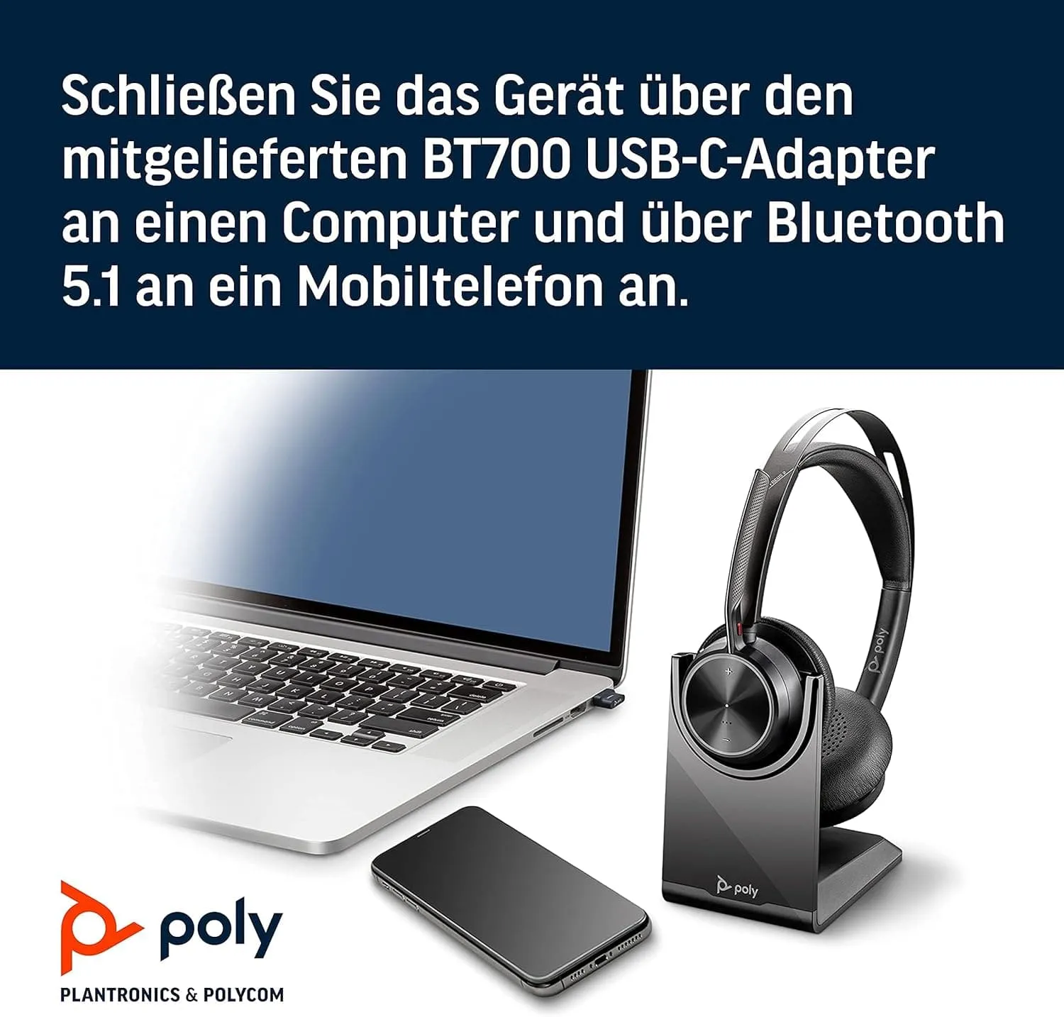 Poly - Voyager Focus 2 UC USB-C Headset with Stand (Plantronics) - Bluetooth Dual-Ear (Stereo) Headset with Boom Mic - USB-C PC/Mac Compatible - Active Noise Canceling - Works with Teams, Zoom & more