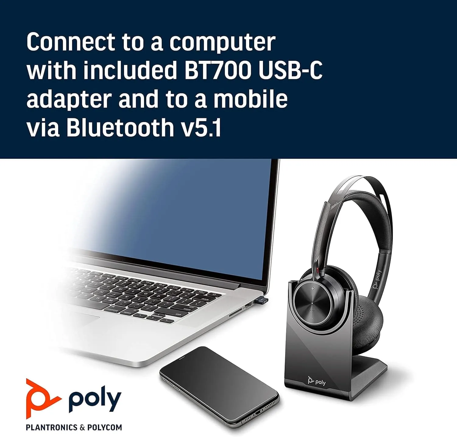 Poly - Voyager Focus 2 UC USB-C Headset with Stand (Plantronics) - Bluetooth Dual-Ear (Stereo) Headset with Boom Mic - USB-C PC/Mac Compatible - Active Noise Canceling - Works with Teams, Zoom & more