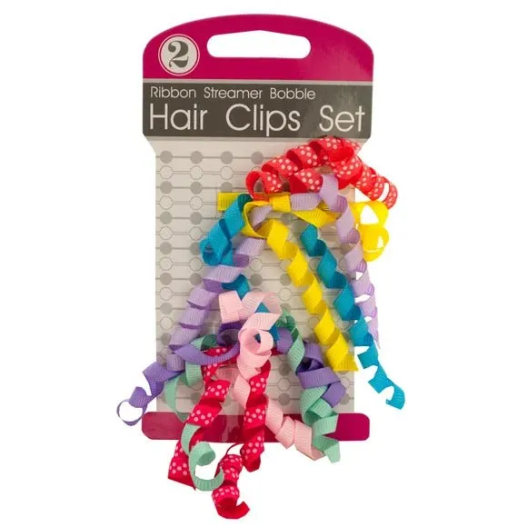 Ribbon Streamer Bobble Hair Clips Set