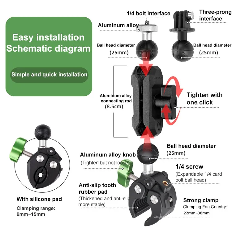 RUIGPRO Crab Clamp Action Camera Bracket Dual-Head Crab 3-Stage Selfie Stick