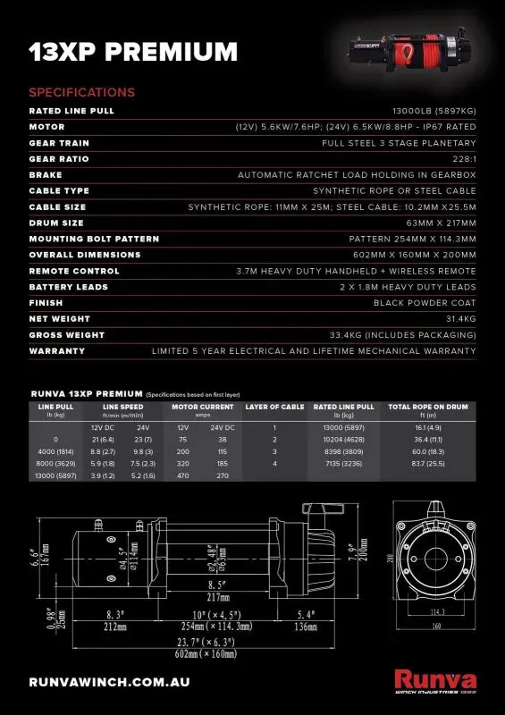 Runva 13XP Premium 12V/24V Winch with Synthetic Rope