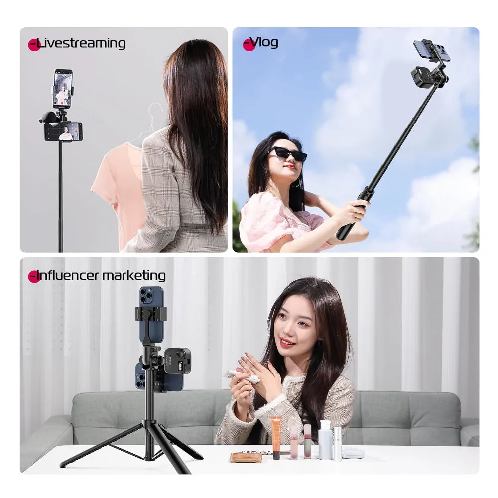 Ulanzi MT-70 1.5m 7-Section Selfie Stick Tripod with 360 / 180 Degree Pan and Tilt, Rotating Cold Shoe Mount, 1kg Max Load Capacity and 20m Wireless Remote Control Range for Smartphone Compact Cameras