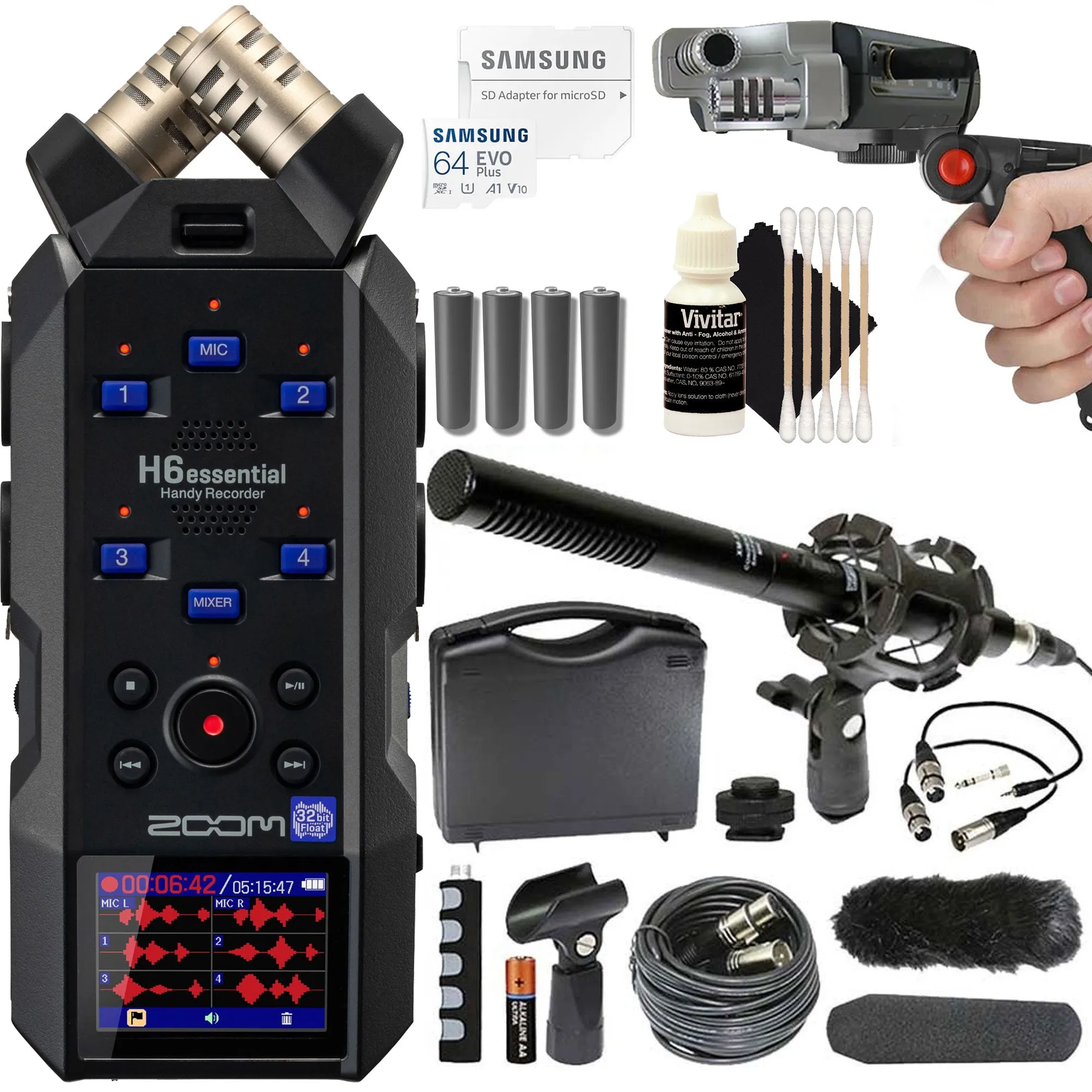 Zoom H6essential 6-Track 32-Bit Float Portable Audio Recorder with Shotgun Microphone Kit and Pistol Grip Tabletop Tripod Kit